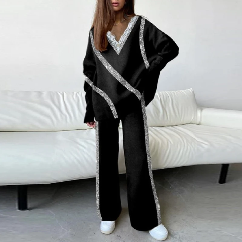 

2022 Spring Women Clothing Fashion Stripe Shiny 2pc Sets Lady V-Neck Long Sleeve Pullover Top+Long Pant Outfit Casual Loose Suit