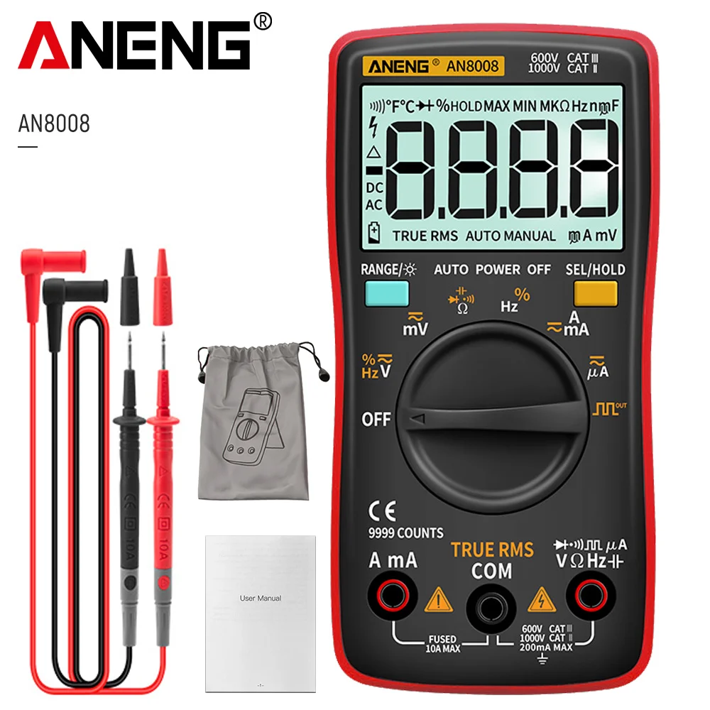 

Цифровой мультиметр ANENG AN8008, 9999 отсчетов, транзистор, True среднеквадратичный тестер rm409b, автоматические электрические тестеры, измерители напряжения и емкости
