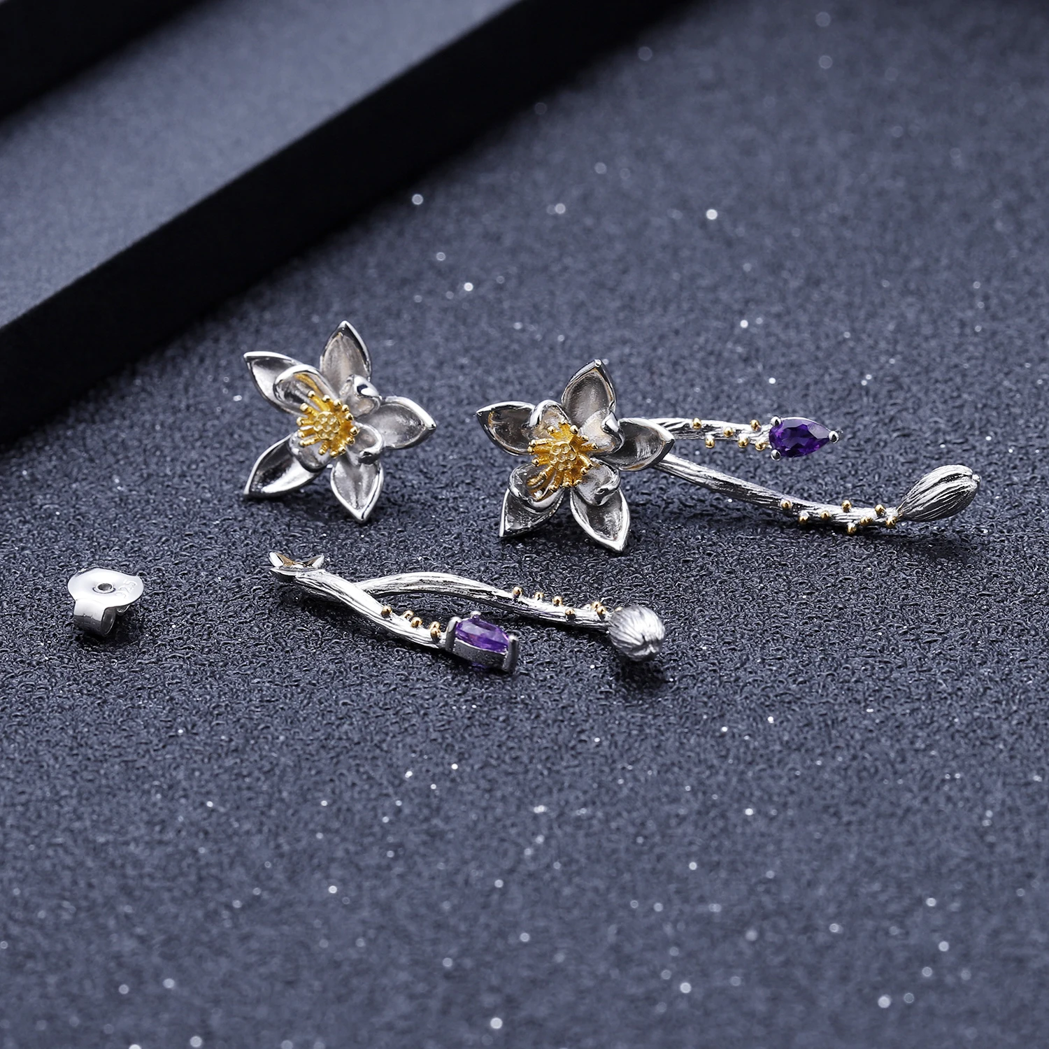 

GEM'S BALLET 925 Sterling Silver Natural Amethyst Elegant Vintage Flower Ring Earrings Set Handmade Set Women Fine Jewelry