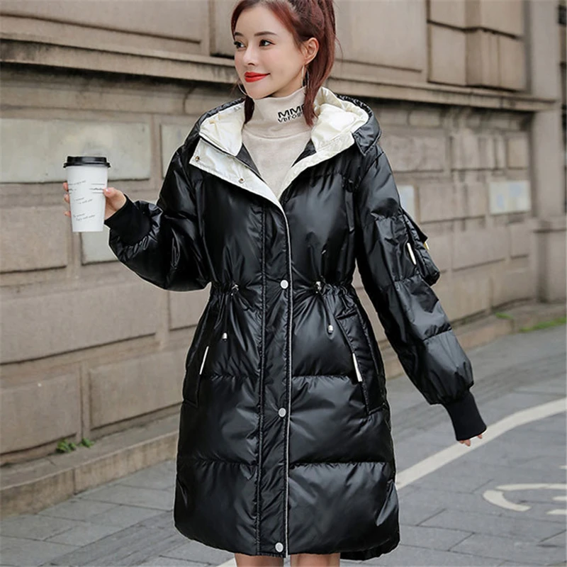 

New winter bright face no-wash printing waist thinning thick down jacket cold-proof female mid-length jacket