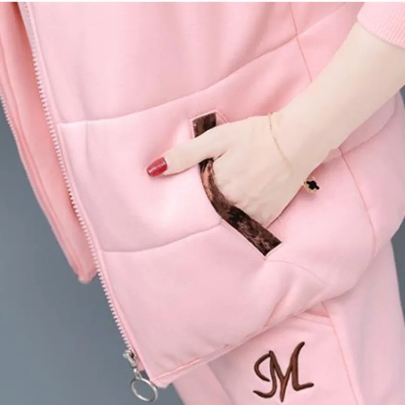 

Winter Thick Fleece Women Sport Suit Tracksuits Warm Hoodie+pant+vest Casual Jogger Running Outfit Set Sportswear Three Piece