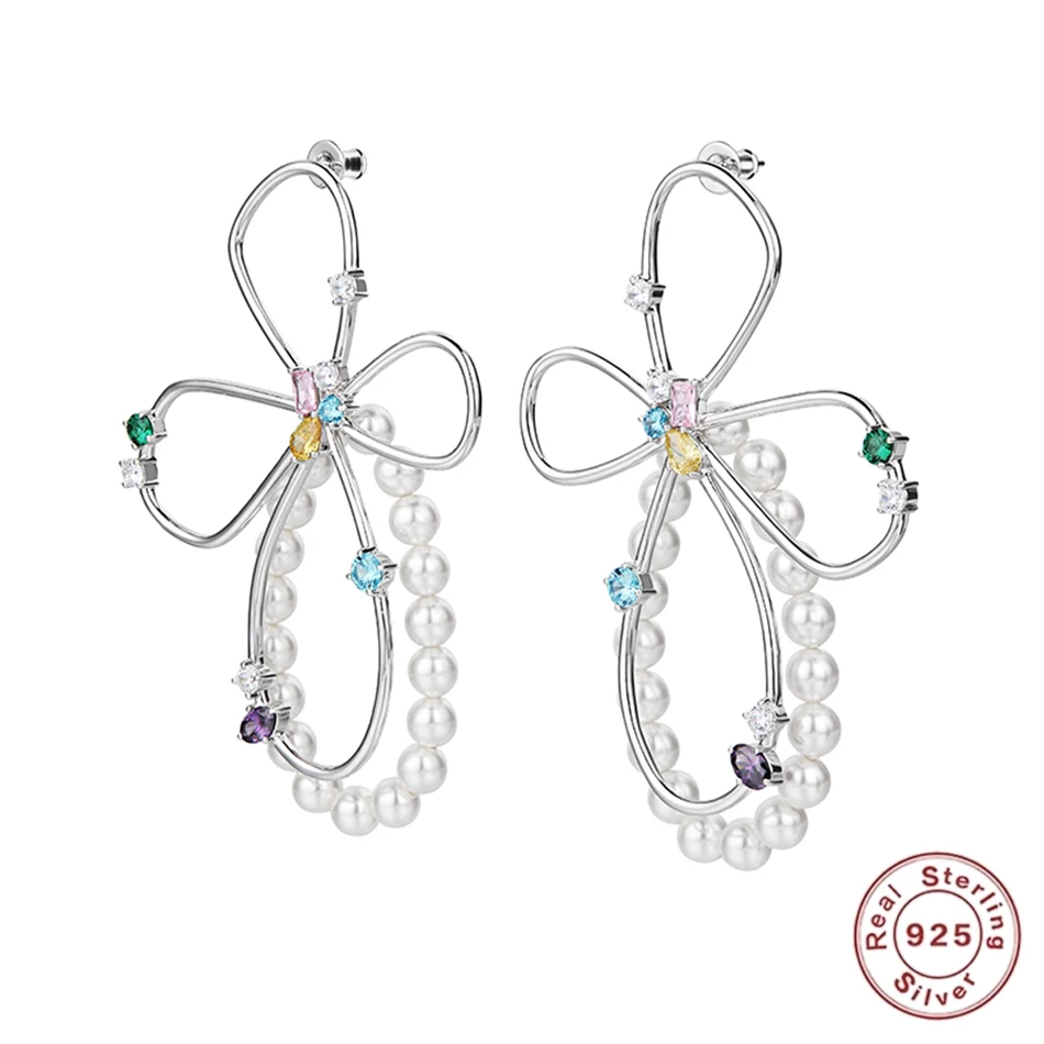 

Flower Dangle Earrings Drop Pearl Pendant Luxury Jewelery Geometric 925 Sterling Silver Earrings For Women