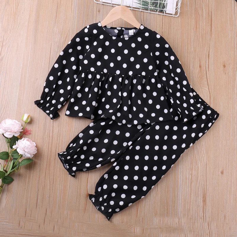 

2022 New Fashion Girls Clothes Set Long-sleeve Polka Dot Print Top + Pants Spring Autumn Clothes 2-Piece Sweet Summer Set