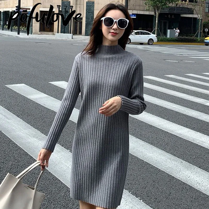 

Sweater Dress Woman Half Turtleneck Pullover Mid-length Knitwear Loose Lace Top Trending Sweater Dress Autumn and Winter Top