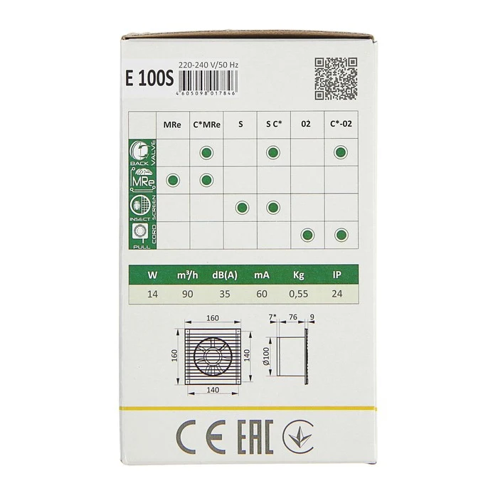Вентилятор вытяжной ERA E 100 S 165х165 мм d=100 220 В 4859335