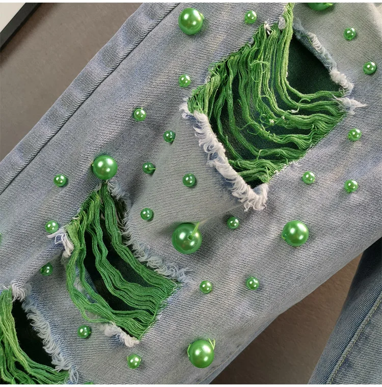 

Europe Summer Women's Color Beading Hole Jeans Female High Waist Loose Denim Cross Pants Fashion Plus Size Thin Harlan Trousers