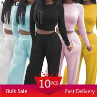 wholesale items for business casual two piece outfits solid long sleeve crop tops wide leg pants suit set lounger wear for women