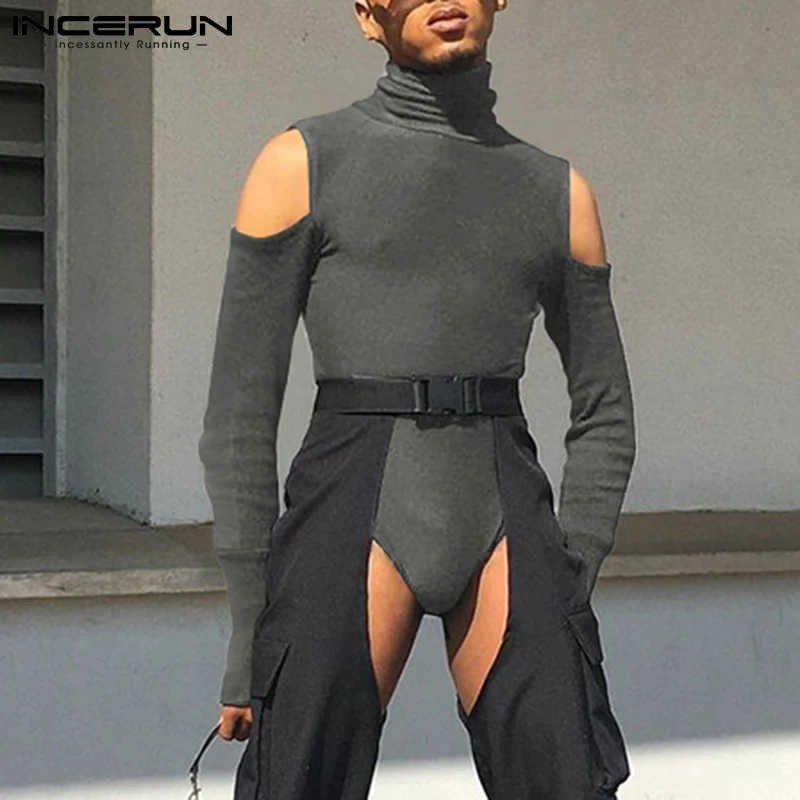 INCERUN Men Solid All-match Simple Loungewear Onesies Family Shoulder Cut-out Sexy Leisure Long-sleeved Triangle Jumpsuit S-5XL