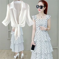summer white chiffon shirt and dots printed spaghetti strap dress set female dresses 2022 fashion two pieces suit women y553