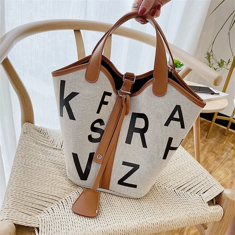 

Contrast Color Letter Printed Bucket Bag For Women 2021 Canvas Composite Bag Female Purse And Handbag Large Capacity Casual Tote