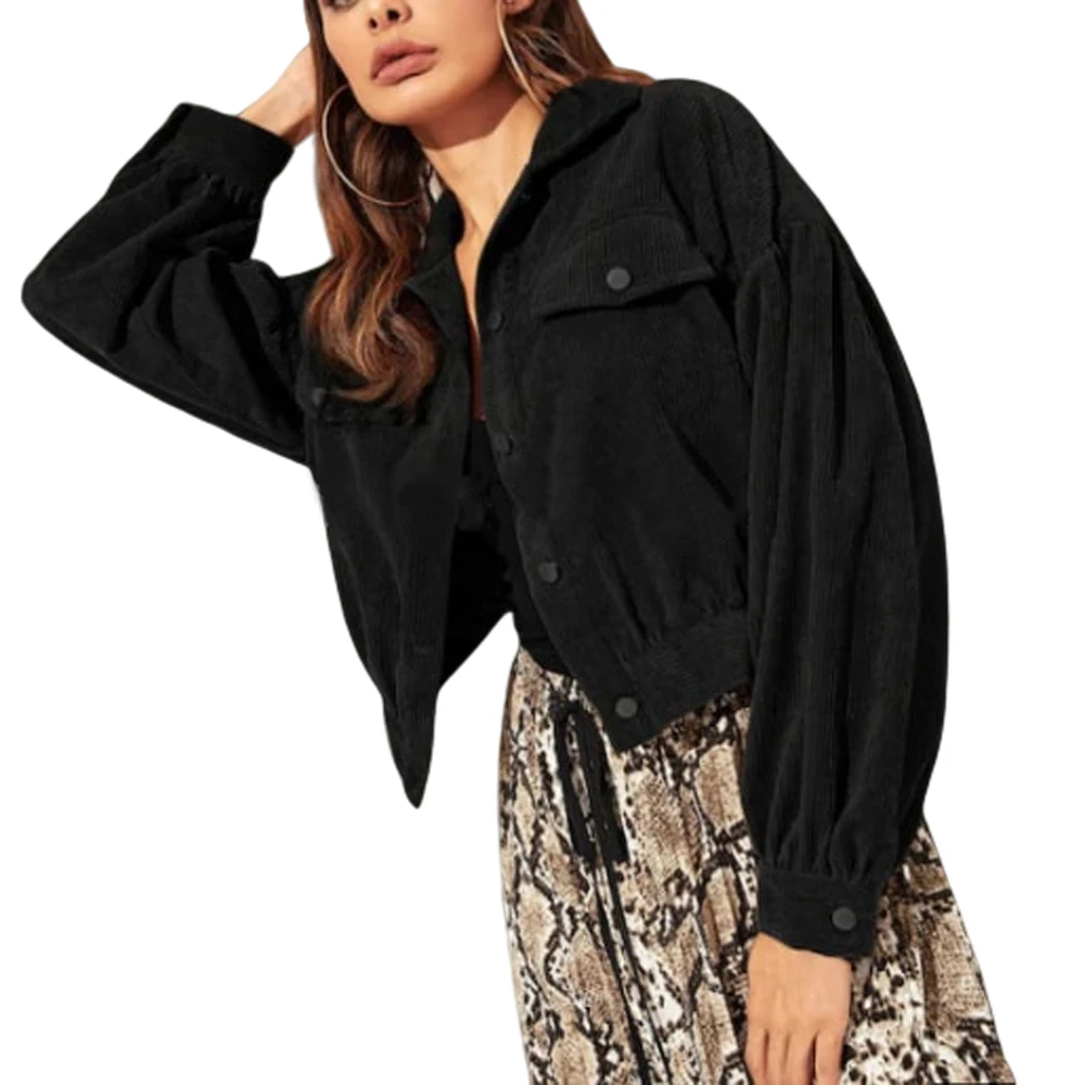 

Women Corduroy Short Jacket Button Pocket Coat Long Puff Sleeve OutWear Female Casaul Button Closure Coats S-XXL