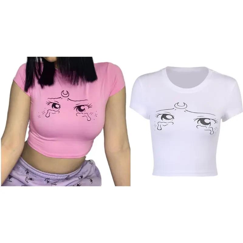 Женская футболка с коротким рукавом Harajuku Аниме Комикс слезы глаза принт тонкий