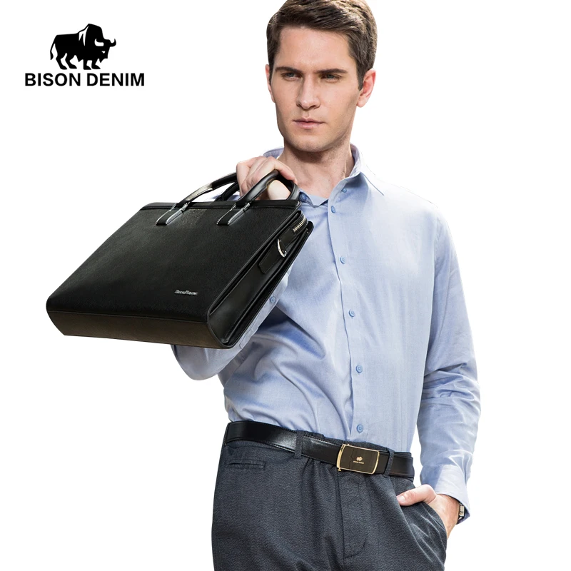 BISON DENIM fashion luxury men bag split leather male business briefcase laptop England style handbag shoulder | Багаж и сумки