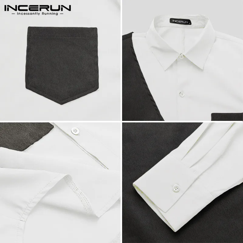 

2021 Spring Long Sleeve Men Shirts Casual Lapel Patchwork Blouse Korean Style Button Camisa Man Pocket Loose Shirt Masculina 5XL