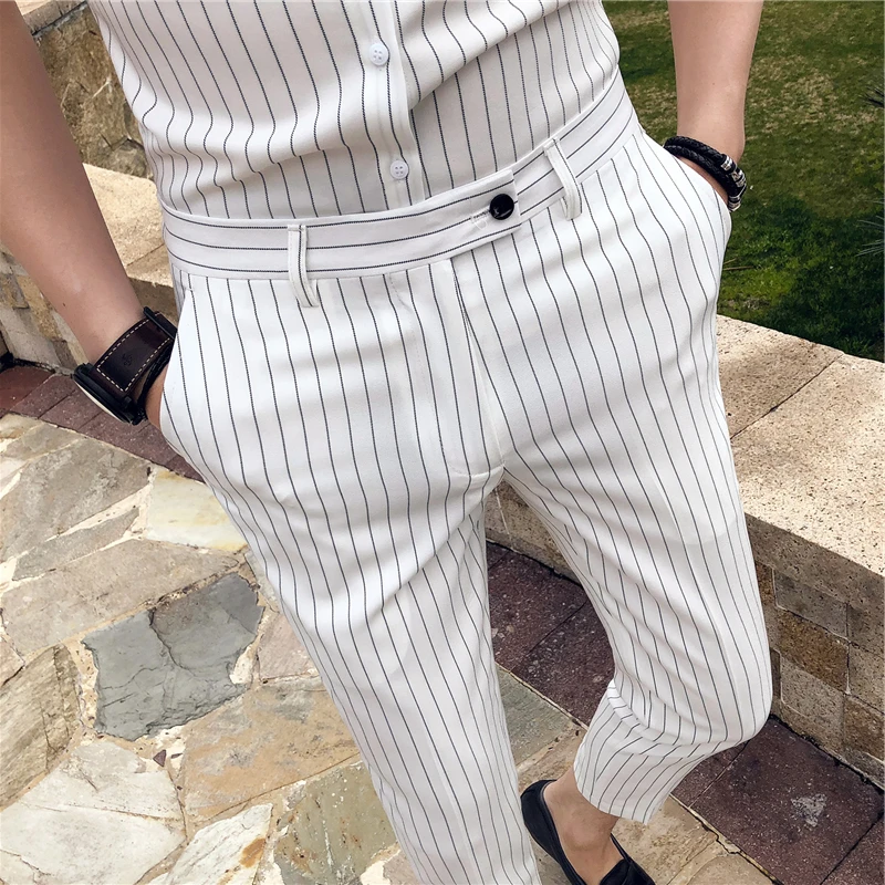 Летние полосатые черные и белые мужские брюки модные обтягивающие офисные