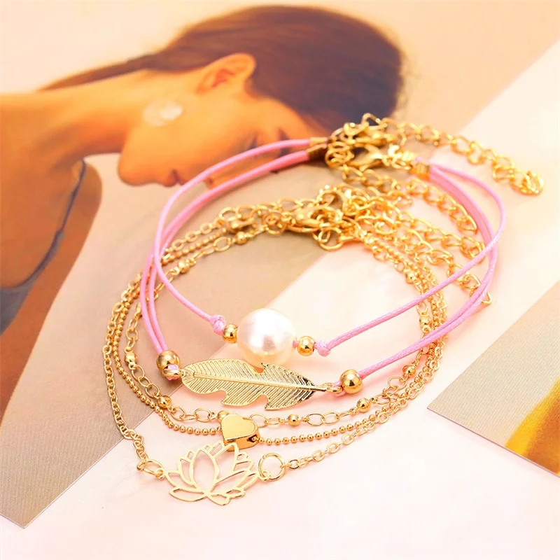 5 шт./компл. набор женских браслетов в богемном стиле с сердечками и перьями