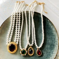 pendant necklaces for women red green stone vintage neck chain female jewelry free shipping gift glass retro pearl statement