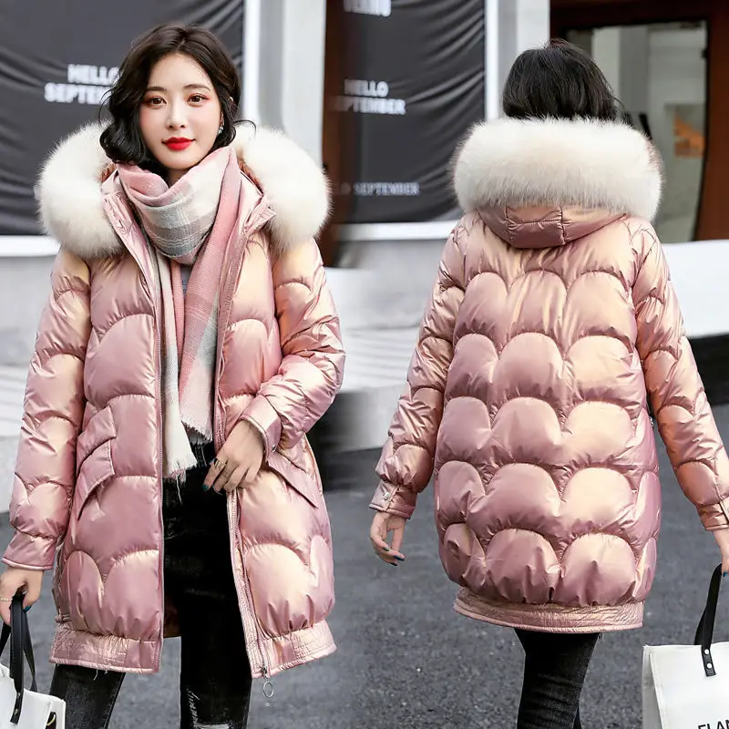 Новое блестящее пальто на хлопковом наполнителе женское утолщенное средней