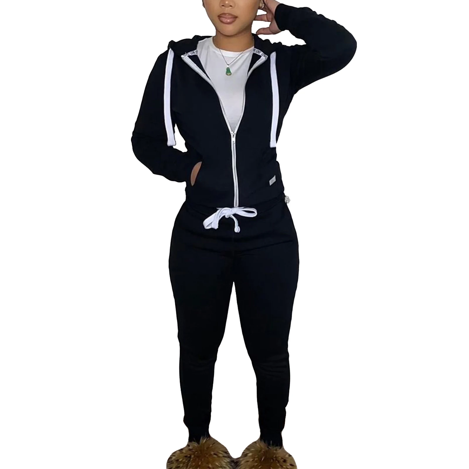

Women\u2019s Casual Hoodies and Trousers Suit Fashion Solid Color Long Sleeve Zipper Cardigan and Long Pants