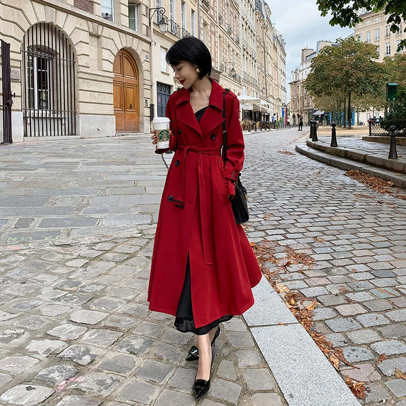 Женский длинный двубортный Тренч элегантное винтажное пальто цвета хаки с