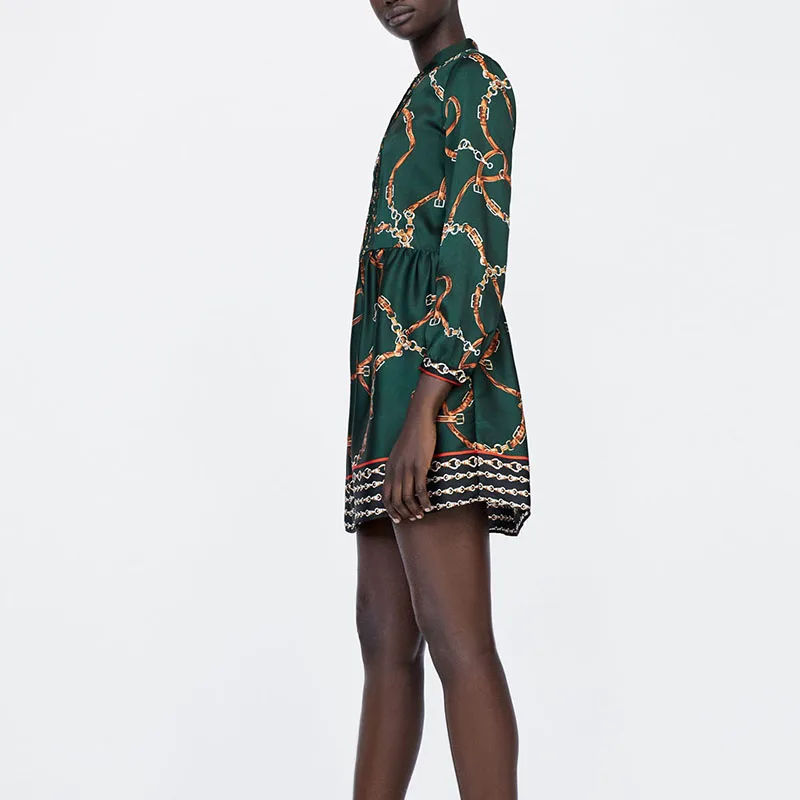 Женское мини платье с принтом цепей Za повседневное зеленое длинным рукавом для