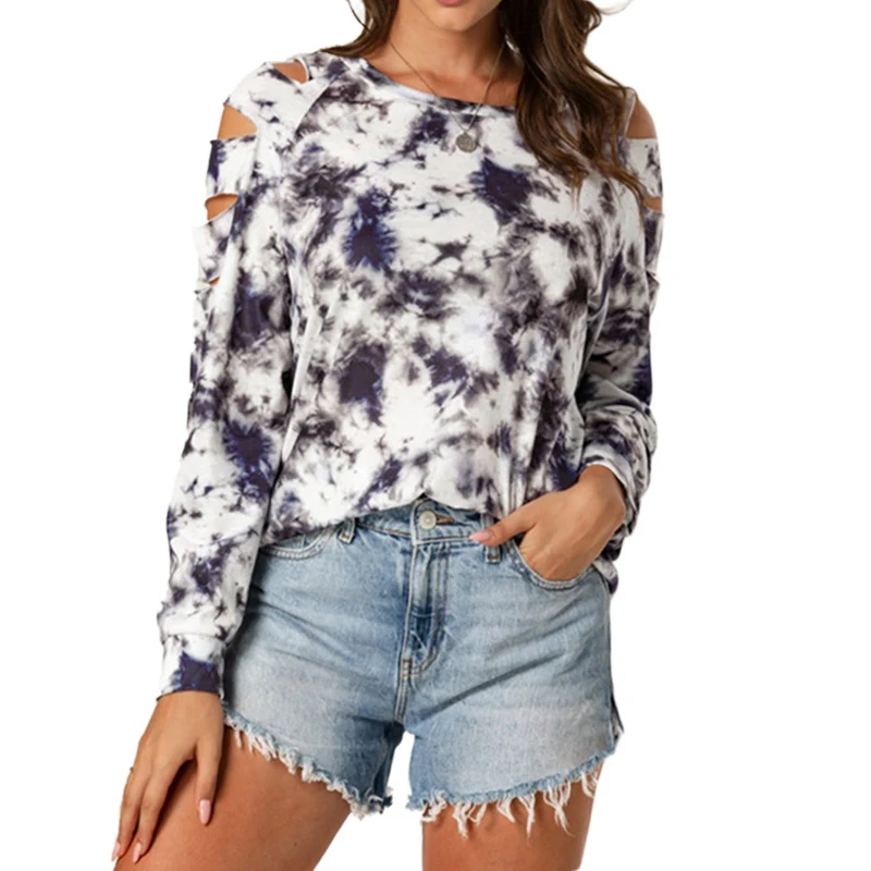 

Hollow Shoulder Pullovers Tops Autumn Fall Streetwear for Women Tie Dye Sweatshirt Tops Loose Long Sleeve Fashion Hoodie Clothes
