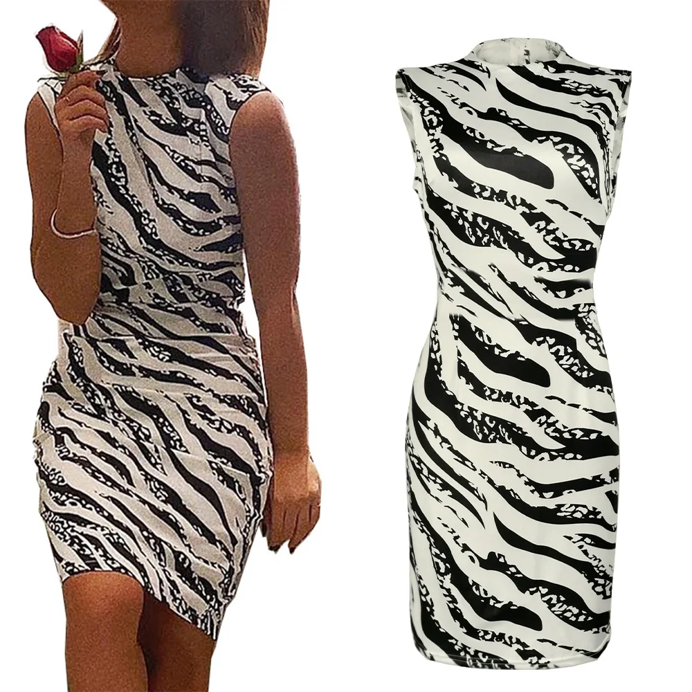 

Women Sleeveless Zebra Print Dress Crew Neck Ladies Tansk-dress Fashion Casual Party Mini Bodycon Dress