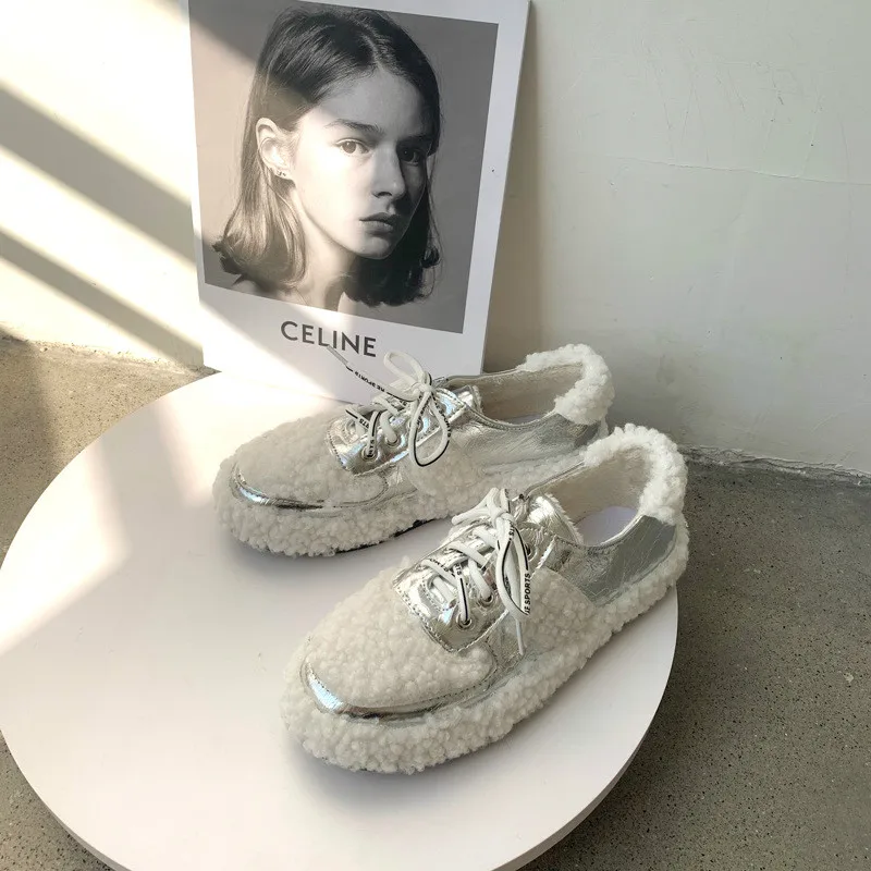 

Fashion Winter Cotton Shoes Women Easy Matching Plush Lined Casual Shoes Outdoor Black Whiter Breathable Anti-slip Glossy Shoes