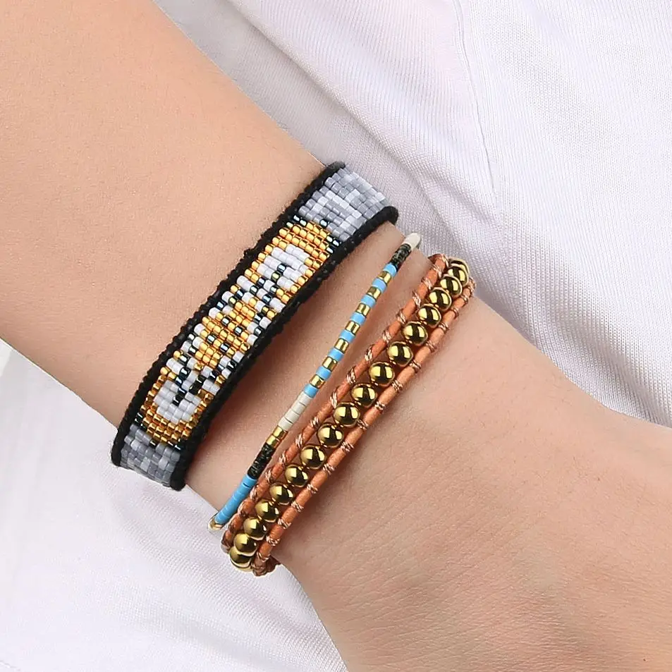

KELITCH New 2022 Gold Bracelet Beaded Leather Wrap Bracelets Charm Punk Jewelry for Women Undefined Anime Men