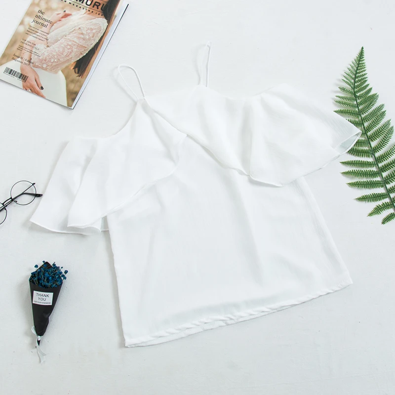 HELIAR 2019 Summer Spaghetti Tops Flounce Shoulder Blouse Plain Top Women Fashion Streetwear Female Solid Sexy Beach | Женская одежда