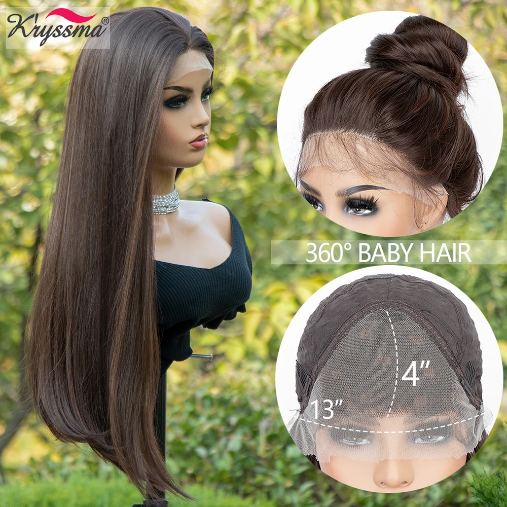 Kryssma длинные прямые натуральные коричневые синтетические парики для женщин 13 ×4