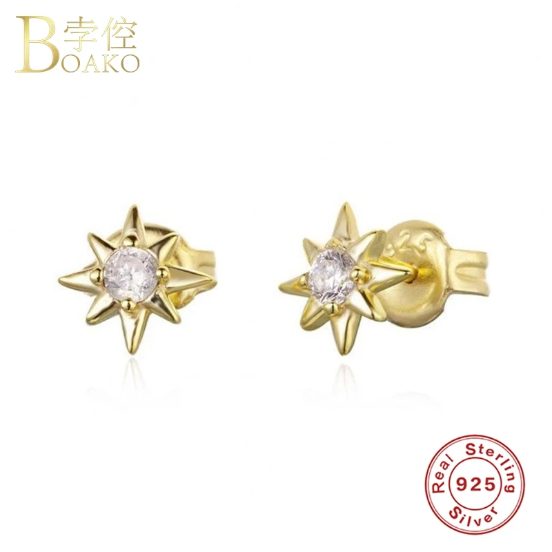 Настоящее серебро 925 серьги для женщин Золотые с цирконием в форме звезды девушек