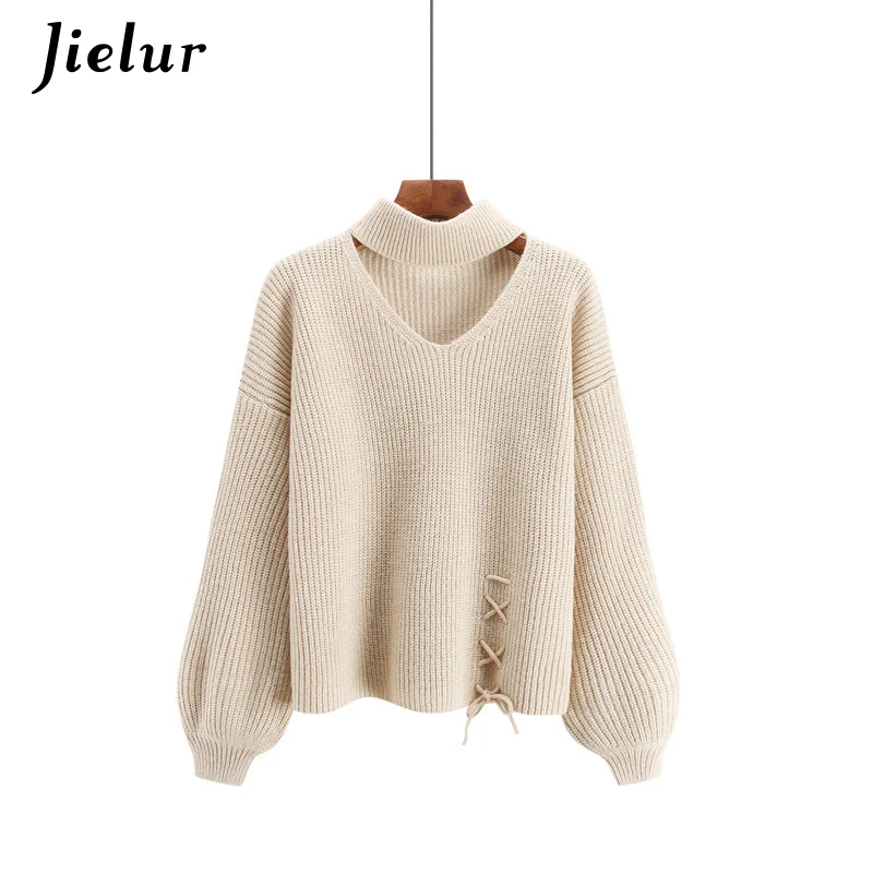 Jielur 5 Solid Color Hollow Lace-up Sweater Women Korean Style Winter Pullover Lantern Sleeve Warm Streetwear Sueter Mujer 2021 | Женская