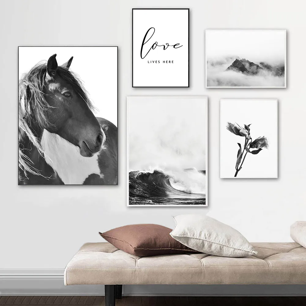 Черно белая горная холщовая стена Художественная печать цитаты рисунки картины