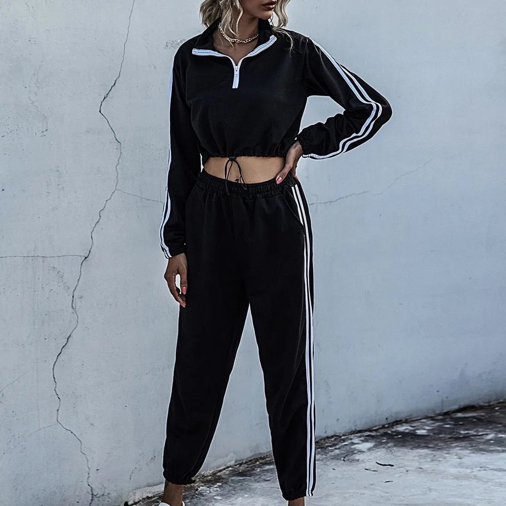 

Fashion 2Pcs/Set Women Casual Sportswear Suit Loose Zipper Stripe Stitching Sweatshirt+Pants Fitness Running Female Clothing