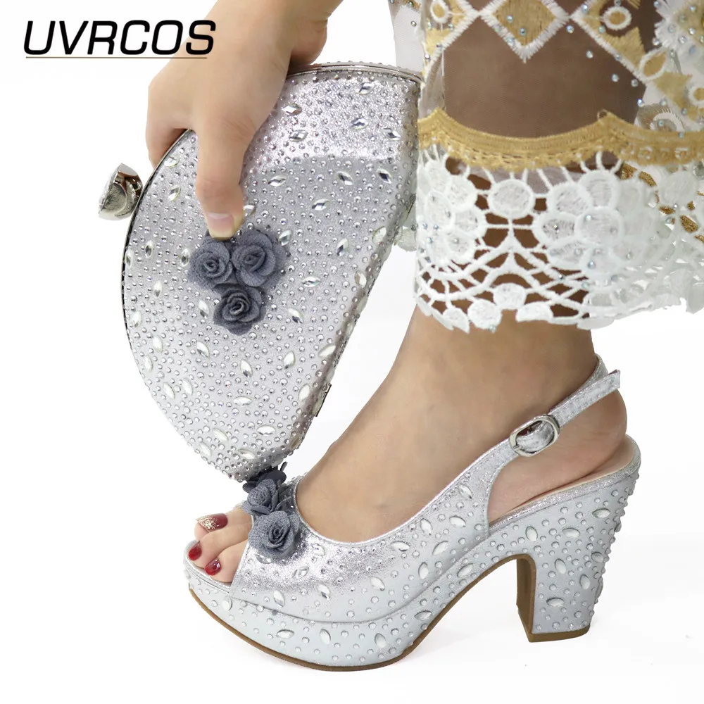 2022 Special Arrivals Summer Italian Design Silver Color Party Women Shoes and Bag To Match High Quality with Shinning Crysta