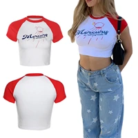 womens crewneck crop tops summer short sleeve letter print graphic slim fit raglan t shirt
