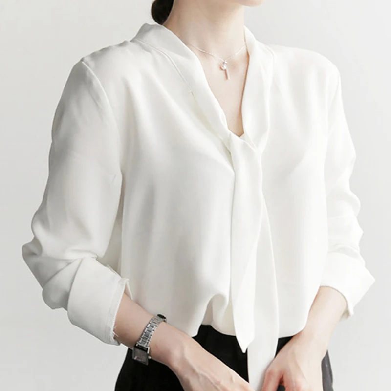 Осень 2019 шифоновая женская повседневная блузка с рукавом длинным v-образным