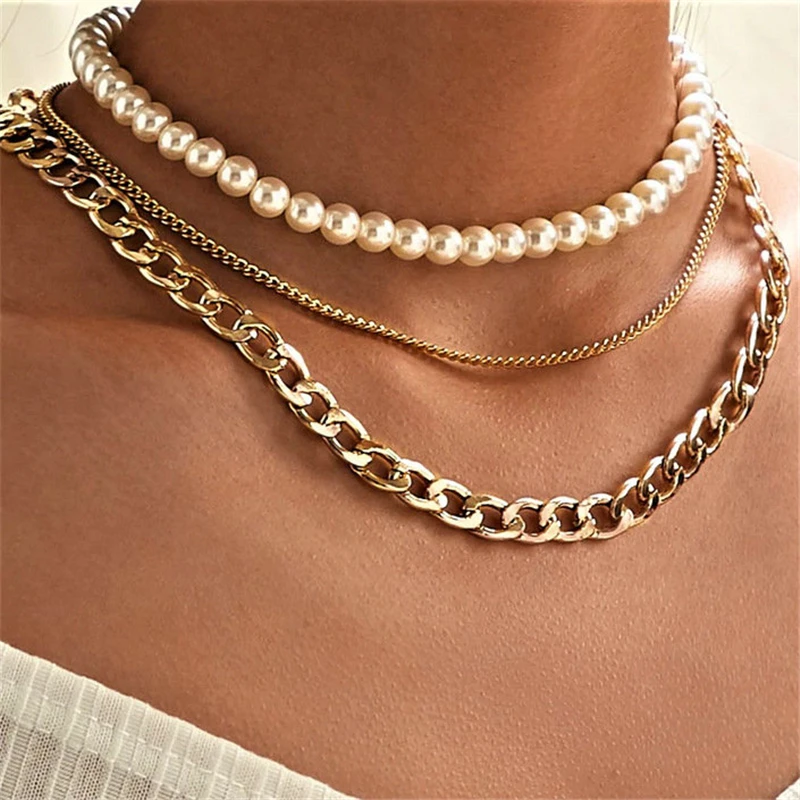 

Three Layer Chain Necklace Women Pearl Choker with Pendant Punk Goth Thick Stainless Steel Accessories Charm Jewelry
