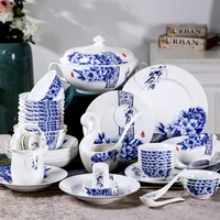 60pcs Traditional Chinese Style Jingdezhen Bone China Tableware Blue and White Glazed Bowl and Dish Set