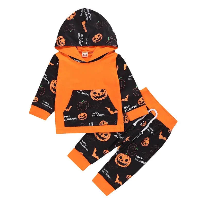 

Boys Halloween Two-piece Clothes Set Black Pumpkin and Letters Printed Pattern Pullover and Pants