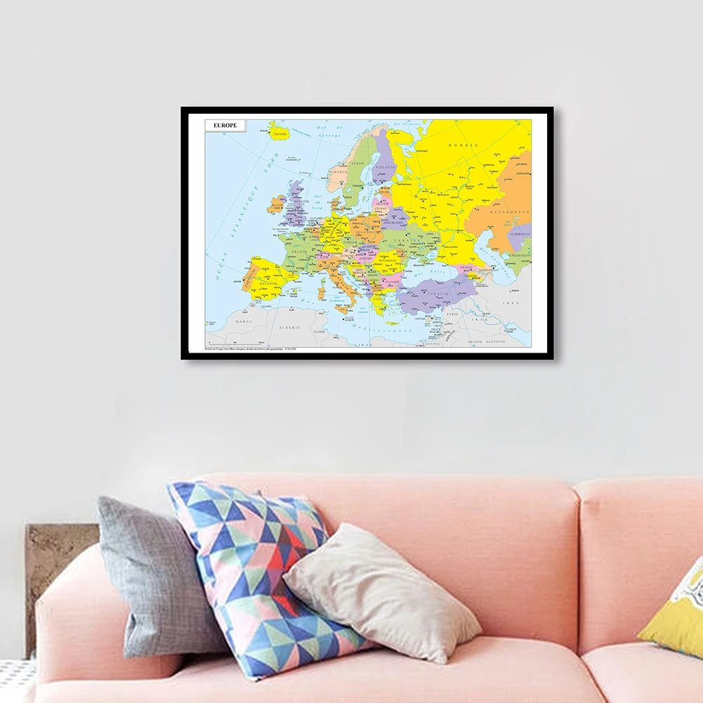 90*60cm The Europe Political Map In French Spray Canvas Painting Wall Art Poster Living Room Home Decor School Supplies