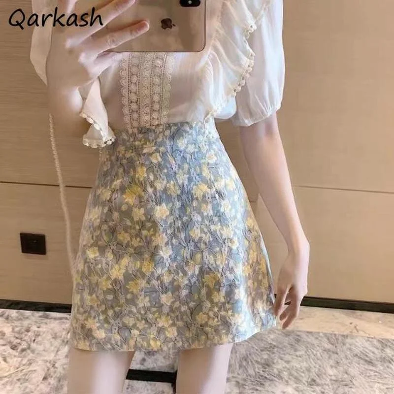 

Skirts Women Floral Lace Romantic Elegant Retro A-line High Waist Mini Summer Feminine Design Tender Korean Style Leisure Bottom