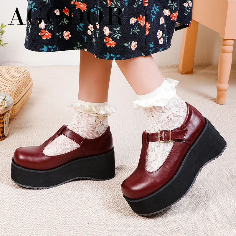 

AGODOR Mary Janes Shoes Women T-Strap High Heels Platform Wedges Heel Dress Pumps Buckle Round Toe Female Footwear White Size 48