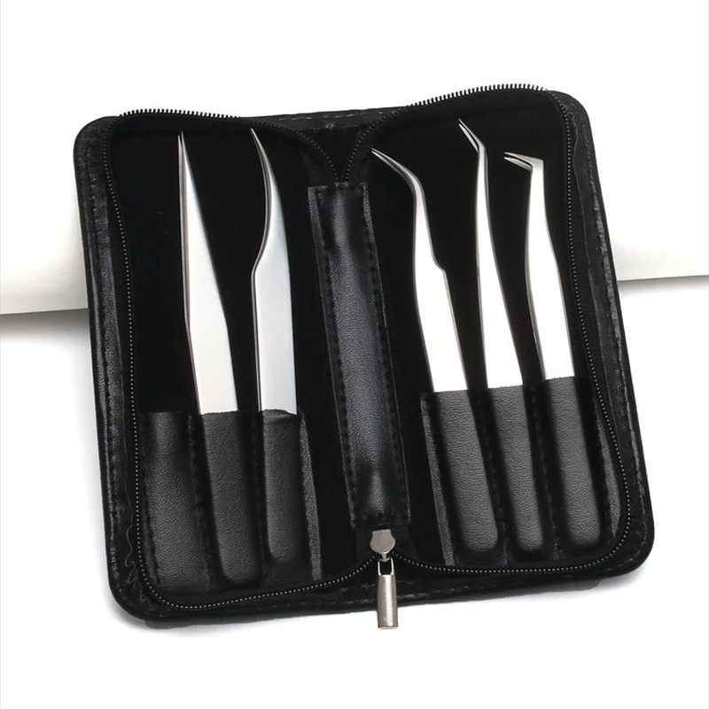 5pcs Stainless Steel Anti-Static Eyelash Tweezers Tool Kit With Leather Case Grafting Extension Eyebrow Forceps | Красота и здоровье