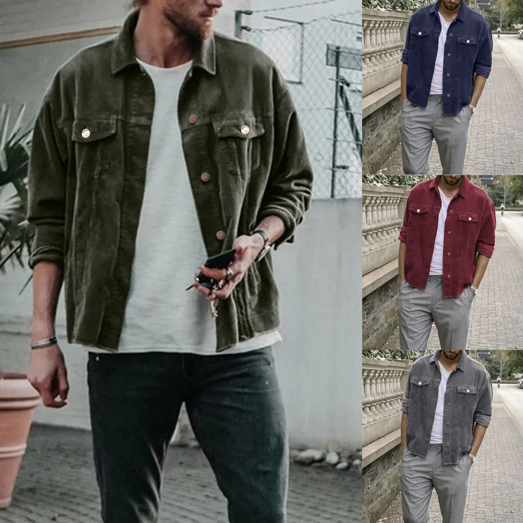 

Men's Corduroy Long Sleeve Jackets Autumn Winter Mens Caual Button Pockets Solid Punk Jacket Coat Tops Streetwear 2019 New z1007
