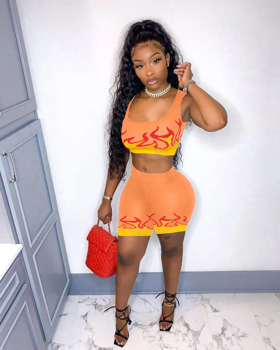

Casual Two Piece Set Flame Print Sleeveless Vest Biker Sports Streetwear Shorts Matching Suits Women Summer