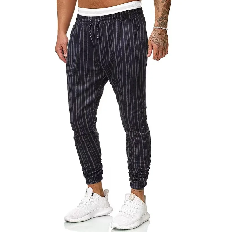 

New Fashionable Men's Large Size Elastic Fashion Striped Lace-up Casual Pants Thicken Mid-Waist Loose Type Europe and American