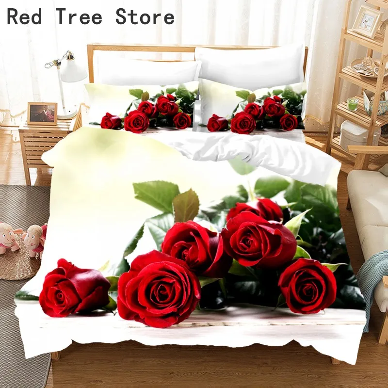 

Red Rose Luxury Bedding Set King Queen Size Quilt Cover Romantic Flower Print For Lover Couple No Sheet Nordic Style Duvet Cover