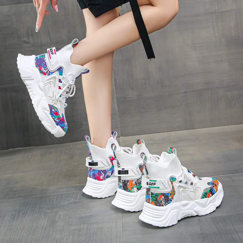 

Europe and America Fashion Sneakers Women Sock Shoes 2021 New High-top Breathable Sneakers Women Lace-up Casual Platform Shoes